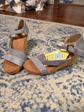 TOMS Blue-Gray Wedge Sandals with Ankle Strap